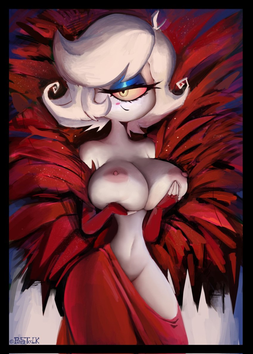 1_eye 1girls alternate_hair_color big_breasts blonde_hair breasts demon demon_girl female grabbing_own_breast hazbin_hotel looking_at_viewer niffty nipples p0stalk shortstack wide_hips