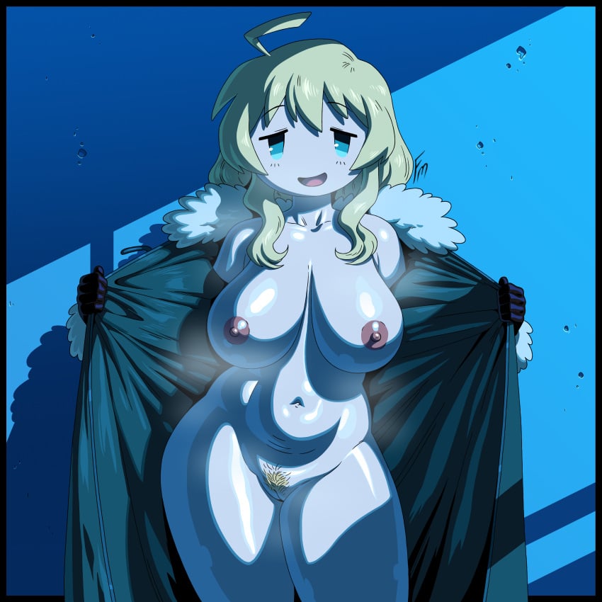 1girls ahoge bare_shoulders big_breasts blonde_hair blue_eyes breath coat collarbone cowboy_shot female female_only flashing fungus-man gloves large_breasts light-skinned_female light_skin medium_hair naked naked_female navel nipples nude nude_female open_mouth plump pubic_hair self_upload shiny_skin shoujo_shuumatsu_ryokou smile solo solo_female steam steaming_body thick_thighs undressing voluptuous wide_hips yuuri_(shoujo_shuumatsu_ryokou)