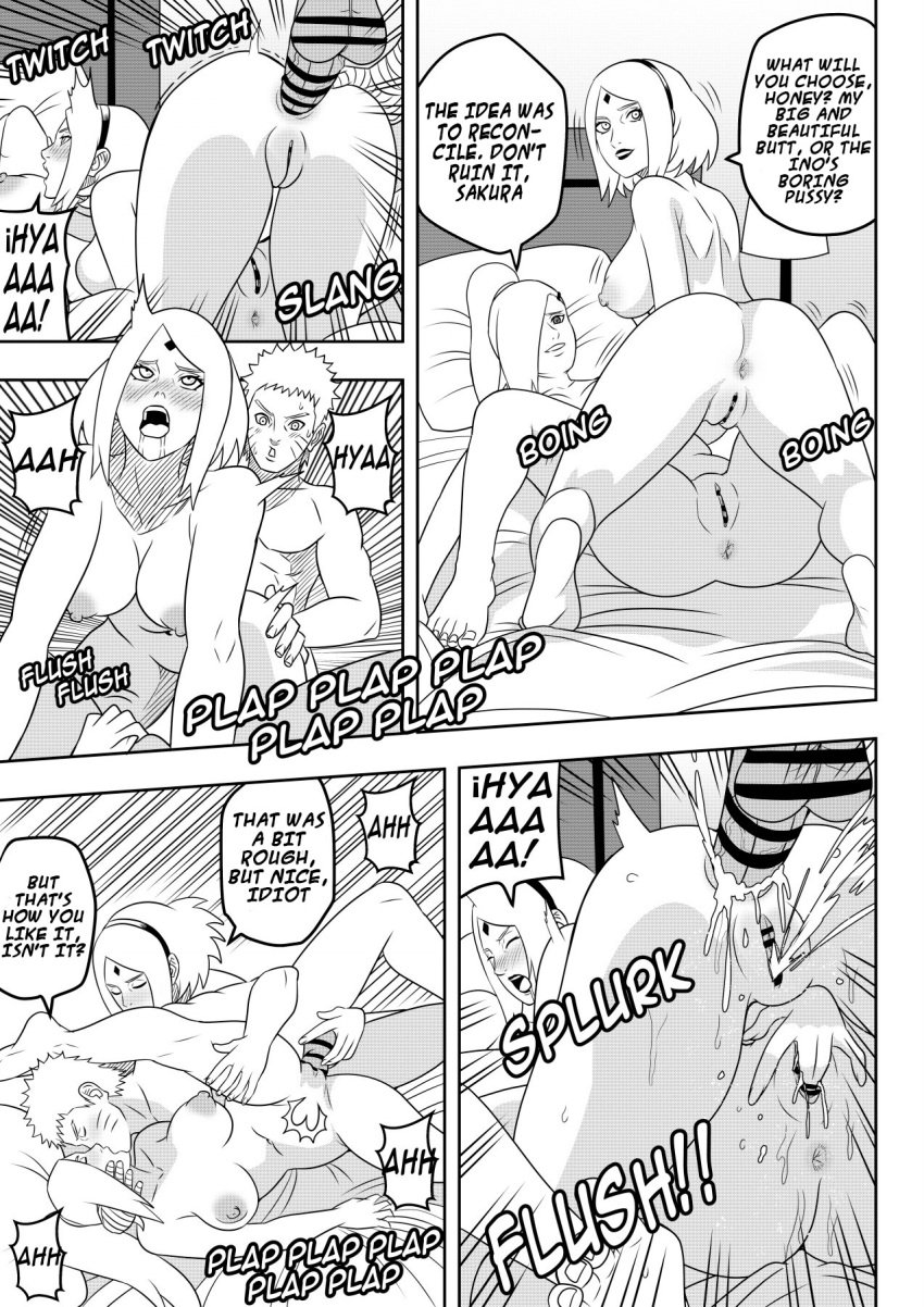 1boy 2girls anal bent_over big_ass big_breasts bisexual bisexual_female bob_cut boruto:_naruto_next_generations breasts censored cheating cheating_husband cheating_mother cheating_wife comic completely_nude cum cumming cumming_from_anal_sex cumming_together dialogue doggy_style english_text female ffm_threesome fingering fingering_pussy fingering_self fucked_silly ino_yamanaka inviting_to_sex kissing kissing_while_penetrated long_hair male medium_breasts medium_hair milf monochrome multiple_girls naruto naruto_(series) netorare ninrubio ntr nude penetration penis ponytail sakura_haruno short_hair spooning squirting story threesome uzumaki_naruto
