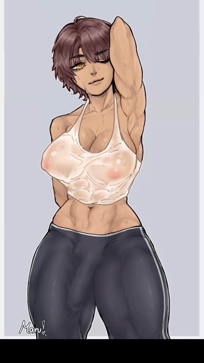1futa blank_background brown_hair bulge bulge_down_leg bulge_through_clothing flexing futanari intersex leggings middle_part muscular muscular_futa muscular_futanari pants penis see-through see-through_clothing short_hair sportswear tan_body tomboy yoga_pants