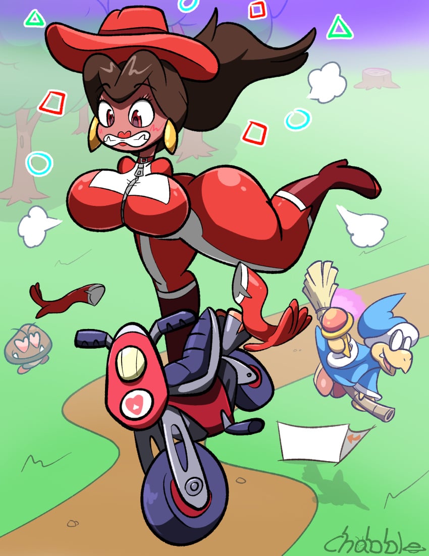 alternate_version_available breasts chabble female flying_broom goomba goomba_girl kamek large_ass large_breasts magic mario_(series) mario_kart mario_kart_world no_arms pauline pauline_(mario) racing_suit transformation transformation_through_magic