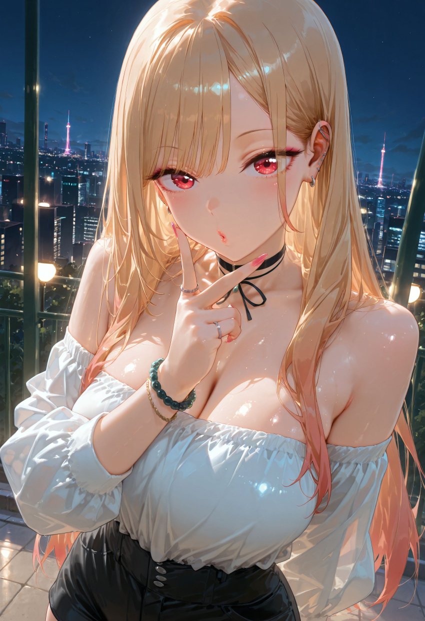 1girls absurdres ai_generated aiya_ayai backlighting bead_bracelet bed big_breasts black_shorts blonde_hair blonde_to_pink_hair blush breasts choker cleavage close-up colored_tips cowboy_shot curtains curvaceous curvy curvy_female ear_piercing earrings female hi_res high-waist_shorts highres huge_breasts jewelry kitagawa_marin large_breasts long_hair multicolored_hair nail_polish night off-shoulder_shirt outdoors pink_nails red_eyes ring shiny_skin skyline solo sono_bisque_doll_wa_koi_wo_suru white_shirt