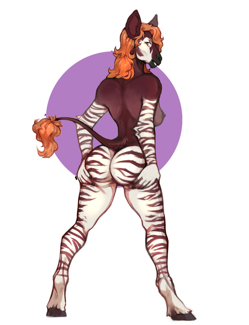 2023 absurd_res alpha_channel anthro ass breasts cloven_hooves dark_nipples female fluffy_ears fur genevieve_lykelle hair hi_res hooves lausig looking_at_viewer looking_back markings multicolored_body multicolored_fur nipples orange_hair rear_view side_boob simple_background solo spread_butt spreading striped_body striped_fur striped_markings stripes tail tail_tuft transparent_background tuft under_boob