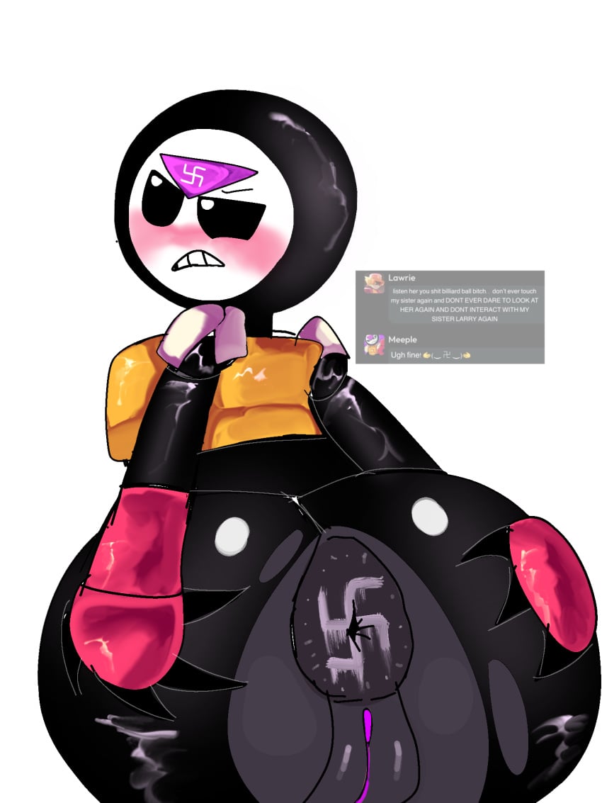 3:4 angelabaddiees annoyed anus ass ball billiard_ball black_body blush brawl_stars clothing cuntboy embarrassed genitals hi_res humor intersex machine meeple_(brawl_stars) meme nazi nonbinary_(lore) paint_on_body puffy_anus pussy robot solo solo_focus spread_butt spreading suit supercell_(company) swastika unknown_artist unknown_species