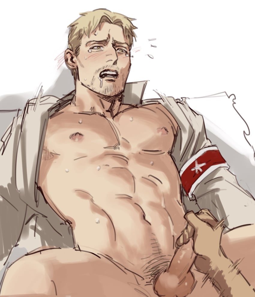 2boys abs armband attack_on_titan bare_chest bare_thighs blonde_hair clmbo drool drooling gay hand_on_penis handjob male_only nipples penis penis_out reiner_braun shingeki_no_kyojin