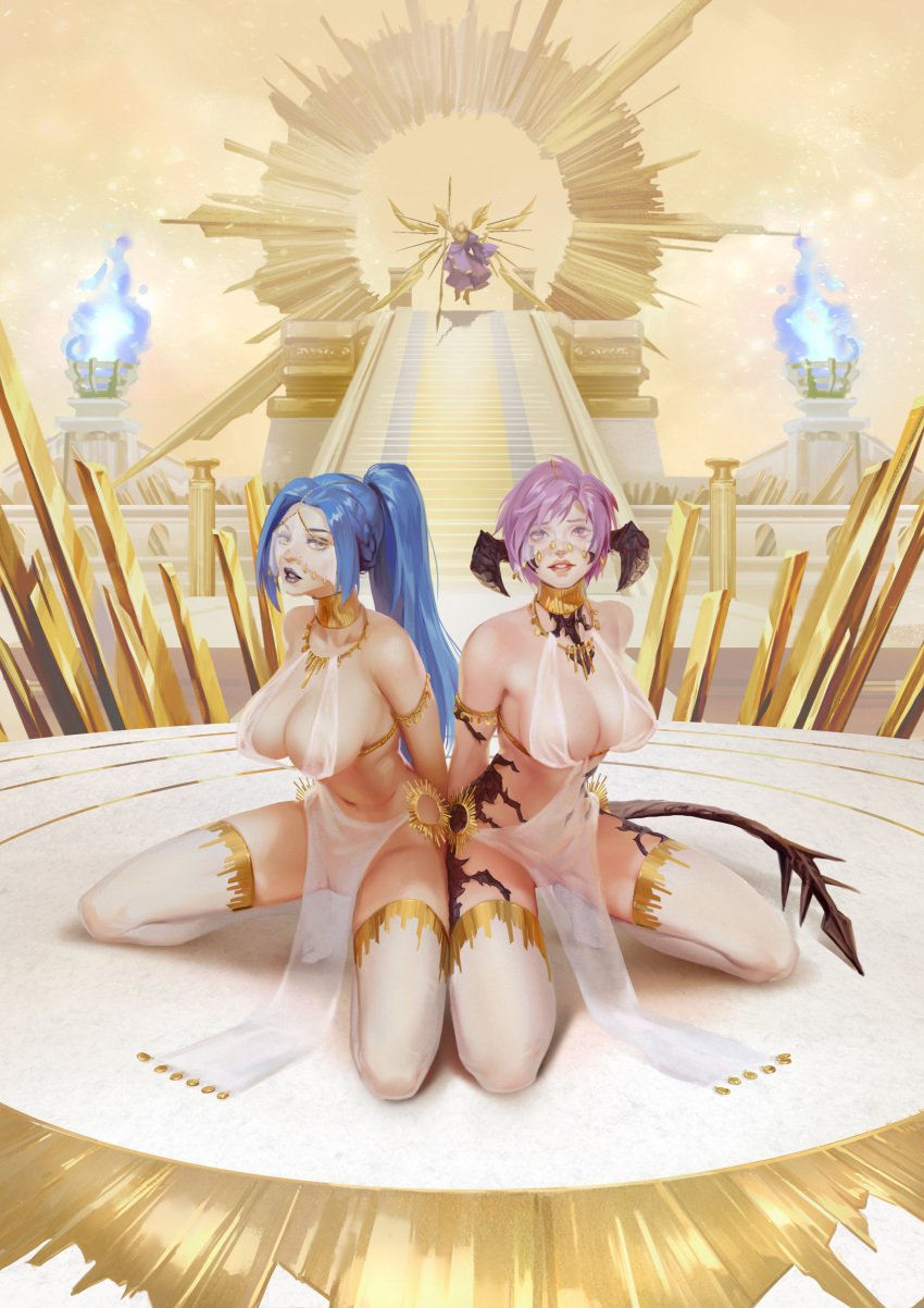 1boy 2girls angel arms_behind_back au_ra blue_hair bondage breasts decima face_mask feet final_fantasy final_fantasy_xiv garlean gold harem_outfit horn horns huge_breasts innocence_(ffxiv) large_breasts lightwarden lingerie lipstick long_hair lynazf nipples pelvic_curtain pink_hair pussy scales see-through see-through_clothing sex_slave sex_toy short_hair sin_decima sin_eater sin_faye slaves_(artist) stockings tail thick_thighs vauthry veil xaela