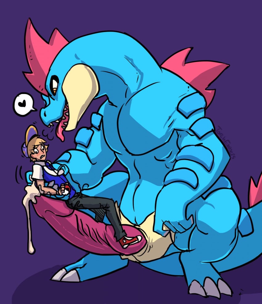 big_penis blush bodily_fluids clothed clothing cum duo female feral feraligatr genital_fluids genitals heart hi_res human human_on_feral interspecies larger_female larger_feral larger_male male male/male mammal nintendo open_mouth penis pokémon_(species) poképhilia pokemon semi-anthro size_difference smaller_human smaller_male teeth tongue tongue_out torchembers video_games