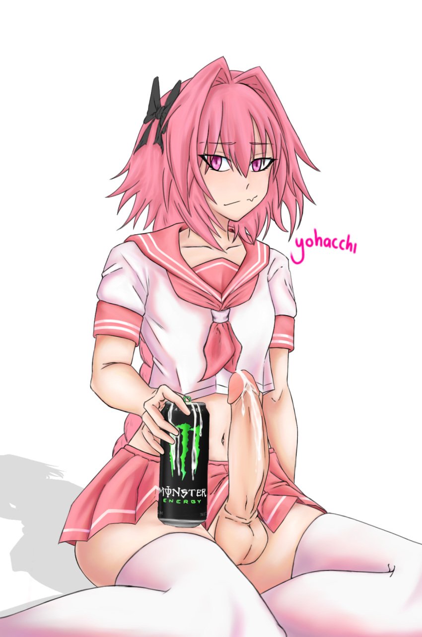 astolfo_(fate) astolfo_monster_cosplay_(meme) cum fate/grand_order fate_(series) femboy large_penis looking_at_viewer meme monster_energy monster_energy_drink otoko_no_ko pink_hair purple_hair skirt trap