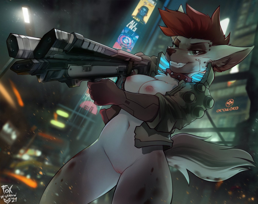 2021 anthro areola bottomless breasts casual city cleavage cleft_of_venus clothed clothing collar curvy_figure cyberpunk_2077 exposed_breasts female firearm foxinshadow fur furry furry_female furry_only genitals gloves green_eyes grey_body grey_fur gun hair handwear hyaenid jacket mammal navel nipples outerwear public pussy ranged_weapon red_hair science_fiction signature smile smirk solo spiked_collar spikes spots spots_(marking) spotted_body spotted_fur spotted_hyena teeth topwear video_games weapon yakeera_(hoofen)