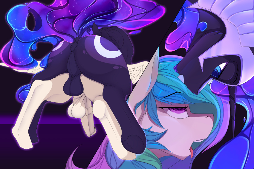 absurd_res alicorn anal anal_sex animal_genitalia armor balls chapaevv cosmic_hair cutie_mark digital_media_(artwork) duo equid equine erection ethereal_hair feathered_wings feathers feral friendship_is_magic fur gay genitals hair hasbro headgear hi_res horn horn_fetish horn_in_mouth horn_play horn_suck horse incest male male/male male_penetrated male_penetrating male_penetrating_male mammal multicolored_hair my_little_pony nightmare_moon_(mlp) nude open_mouth patreon_reward penetration penis pony princess_celestia_(mlp) princess_luna_(mlp) rule_63 sex simple_background sucking tongue unicorn white_body wings yaoi