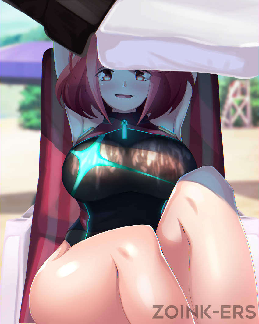 1girls absurdres beach breasts cum cum_on_body cum_on_breasts female highres large_breasts looking_at_viewer one-piece_swimsuit open_mouth pale_riderz pyra red_eyes red_hair see-through short_hair sitting skin_tight source_request swimsuit thick_thighs thighs umbrella wet wet_clothes wet_swimsuit xenoblade_(series) xenoblade_chronicles_2