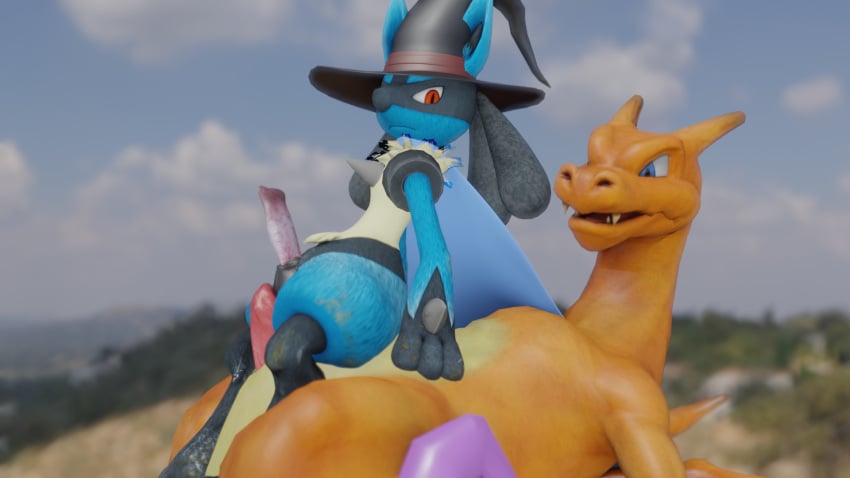 2pokemon anthro becoming_erect blue_cape canid canine cape charizard clothing erection generation_1_pokemon generation_4_pokemon genitals hat headgear headwear henry_(henrycharizardboi) henrycharizardboi hi_res lucario magic_user male male/male mammal nintendo on_lap penis pokemon pokemon_(species) reptile scalie sitting_on_lap video_games witch witch_hat