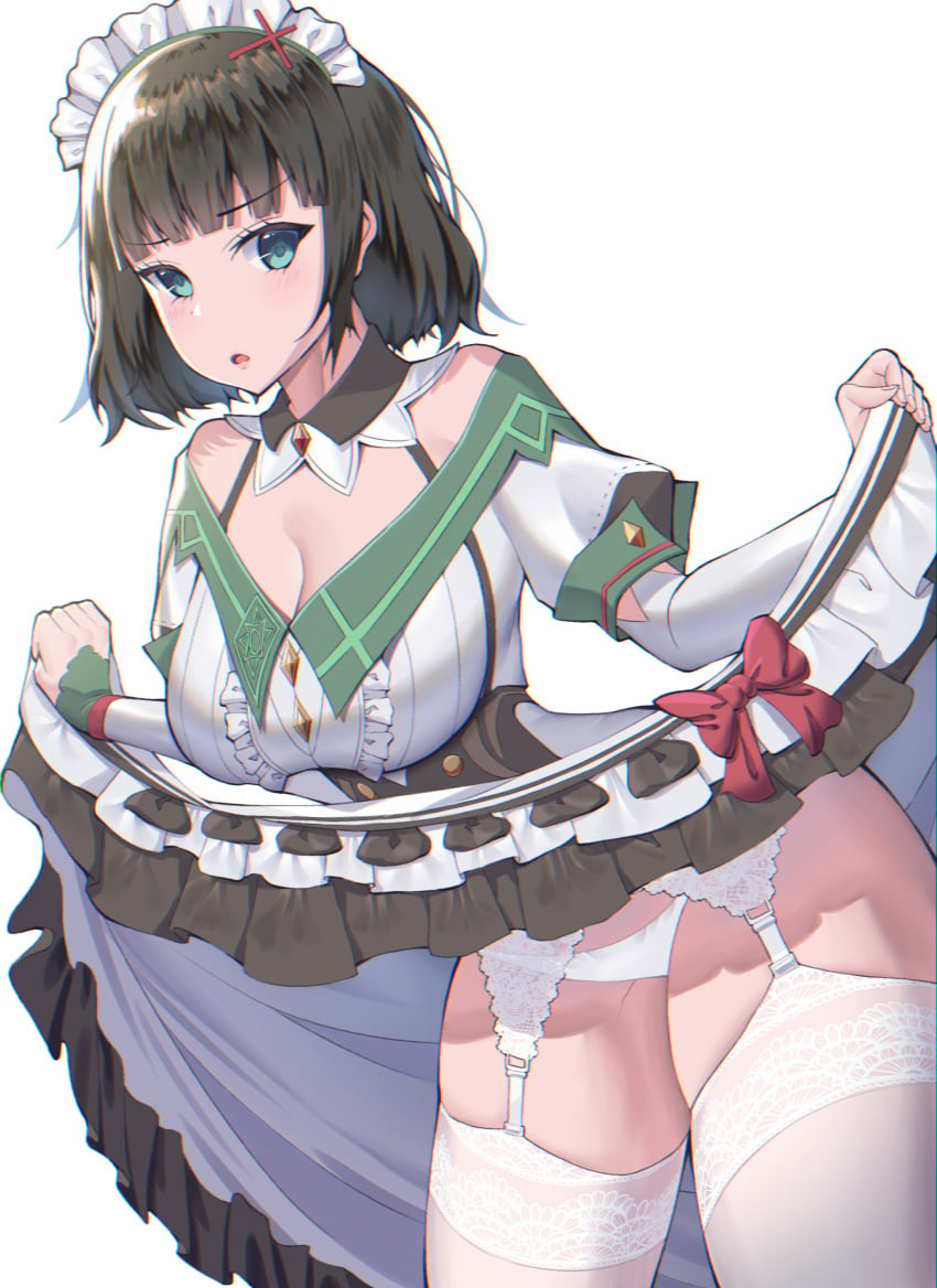 1girls breasts cleavage clothed dress female garter_straps genshin_impact highres himeliofon katheryne_(genshin_impact) large_breasts lifted_by_self maid npc panties skirt_lift thick_thighs thighs underwear