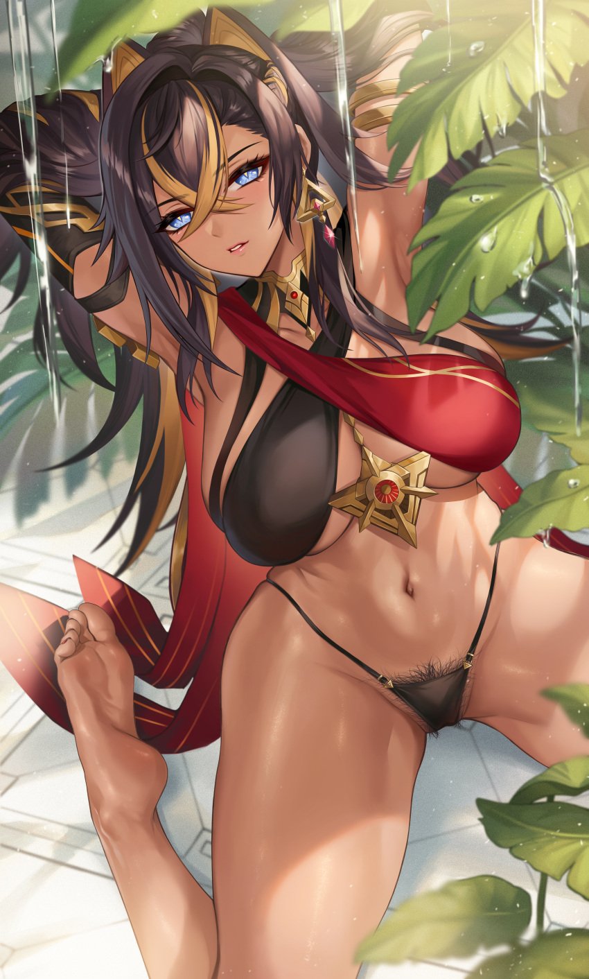 1girls absurd_res absurdres animal_ears armpit armpits arms_up bare_hips bare_thighs big_breasts black_panties black_pubic_hair black_underwear blue_eyes breasts brown_skin busty clothed clothed_female clothing dark-skinned_female dark_skin dehya_(genshin_impact) feet female female_focus female_only female_pubic_hair fit fit_female genshin_impact gold_hair halter_top high_resolution highres hips huge_filesize kacyu kneeling large_breasts large_filesize long_hair looking_at_viewer navel on_knees panties plant pubic_hair pubic_hair_peek shaved_armpit soles solo solo_female solo_focus stomach thick_thighs thighs toned toned_body toned_female toned_stomach two_tone_hair underwear very_high_resolution water