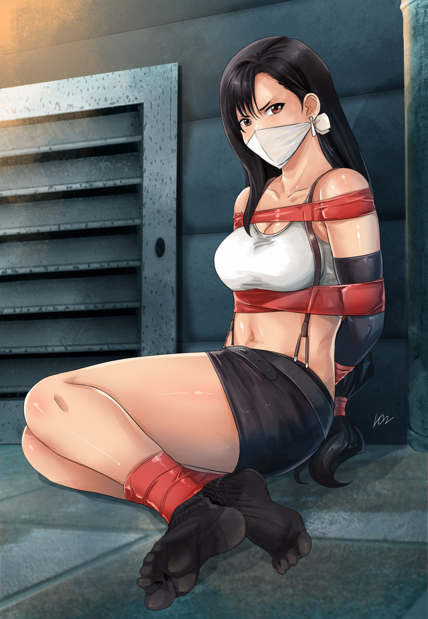 absurdres black_hair black_legwear black_skirt black_sports_bra bound breasts brown_eyes cloth_gag crop_top earrings elbow_gloves feet final_fantasy final_fantasy_vii final_fantasy_vii_remake gag gagged gloves highres improvised_gag jewelry large_breasts long_hair lostonezero low-tied_long_hair midriff miniskirt no_shoes over_the_nose_gag pencil_skirt shirt skirt socks sports_bra suspender_skirt suspenders tank_top tape taut_clothes taut_shirt tifa_lockhart tight_clothing tight_skirt white_tank_top