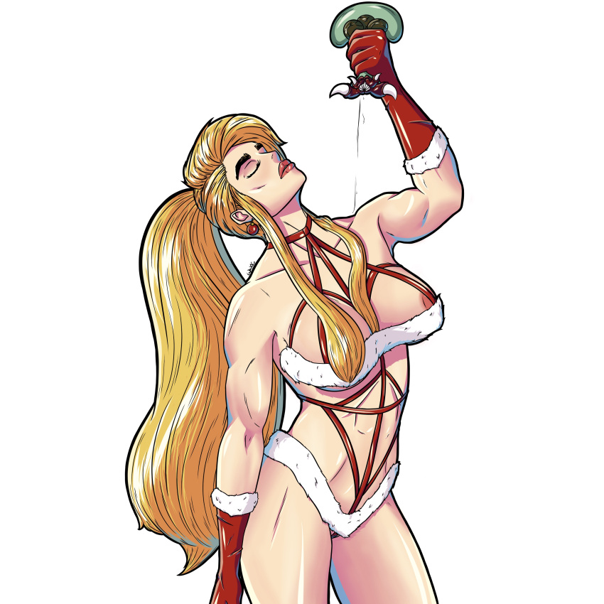 blonde_hair female long_hair metroid metroid_(creature) muscular muscular_female samus santa_costume wakkhc