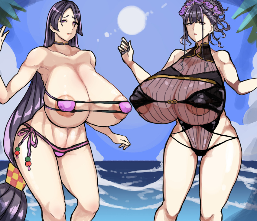 2girls beach big_breasts big_nipples big_thighs bikini black_hair black_swimsuit blue_background covered_nipples curvy curvy_body curvy_female curvy_figure detailed_background extremely_long_hair eyepatch_bikini fate/grand_order fate_(series) gigantic_breasts hair_ornament hyper_breasts long_hair looking_at_viewer mature_female minamoto_no_raikou_(fate/grand_order) minamoto_no_raikou_(swimsuit_lancer) murasaki_shikibu_(fate) murasaki_shikibu_(swimsuit_rider)_(fate) nipples ocean older_female open_mouth pink_bra pink_panties posing pov purple_eyes purple_hair raised_eyebrows sea seaside seductive seductive_gaze seductive_look sky standing sun swimsuit thick_thighs tied_hair translucent_clothing venus_body voluptuous yamada