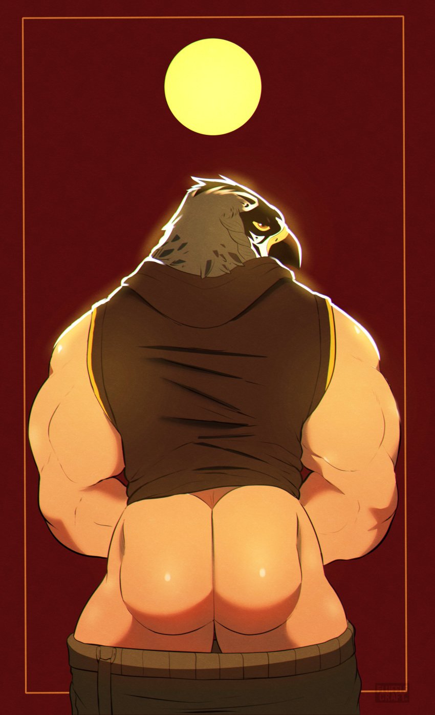 1boy 2021 absurd_res animal_head anthro ass avian back_view bara beak biceps big_ass big_butt big_muscles bird bonicfan123 bottomwear bubble_ass bubble_butt clothed clothing deity egyptian_mythology falcon falconid feathers flufflecraft for_a_head hi_res hoodie horus huge_ass huge_butt humanoid looking_at_viewer looking_back looking_back_at_viewer male male_focus male_only middle_eastern_mythology muscle muscles muscular muscular_anthro muscular_male mythology pants_down partially_clothed red_background simple_background sleeveless sleeveless_hoodie sleeveless_shirt solo solo_focus solo_male standing sun topwear