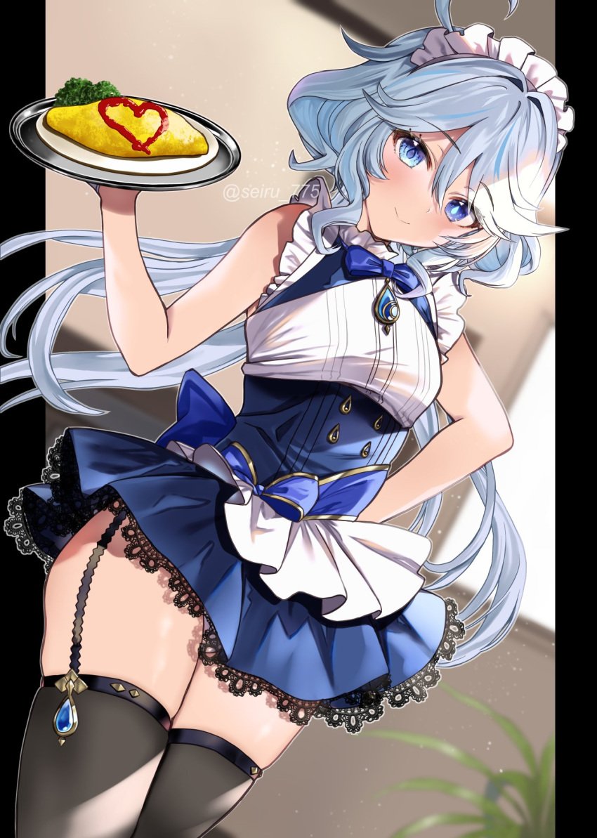 1girls alternate_breast_size blue_eyes blue_hair breasts female female_only fod furina_(genshin_impact) garter_straps genshin_impact heart hoyoverse maid maid_uniform serving_tray skimpy solo thick_thighs thighhighs waitress zettai_ryouiki