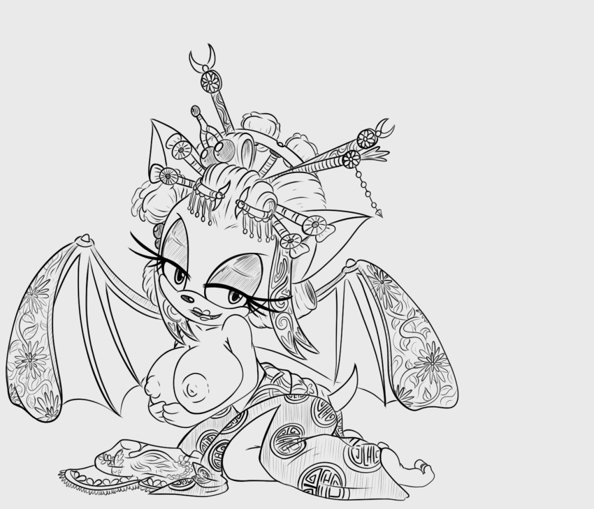 accessory anthro bat breasts chiropteran clothing dress female half-closed_eyes jumpjump makeup monochrome nipples rouge_the_bat sitting solo sonic_(series) sonic_the_hedgehog_(series) video_games wings