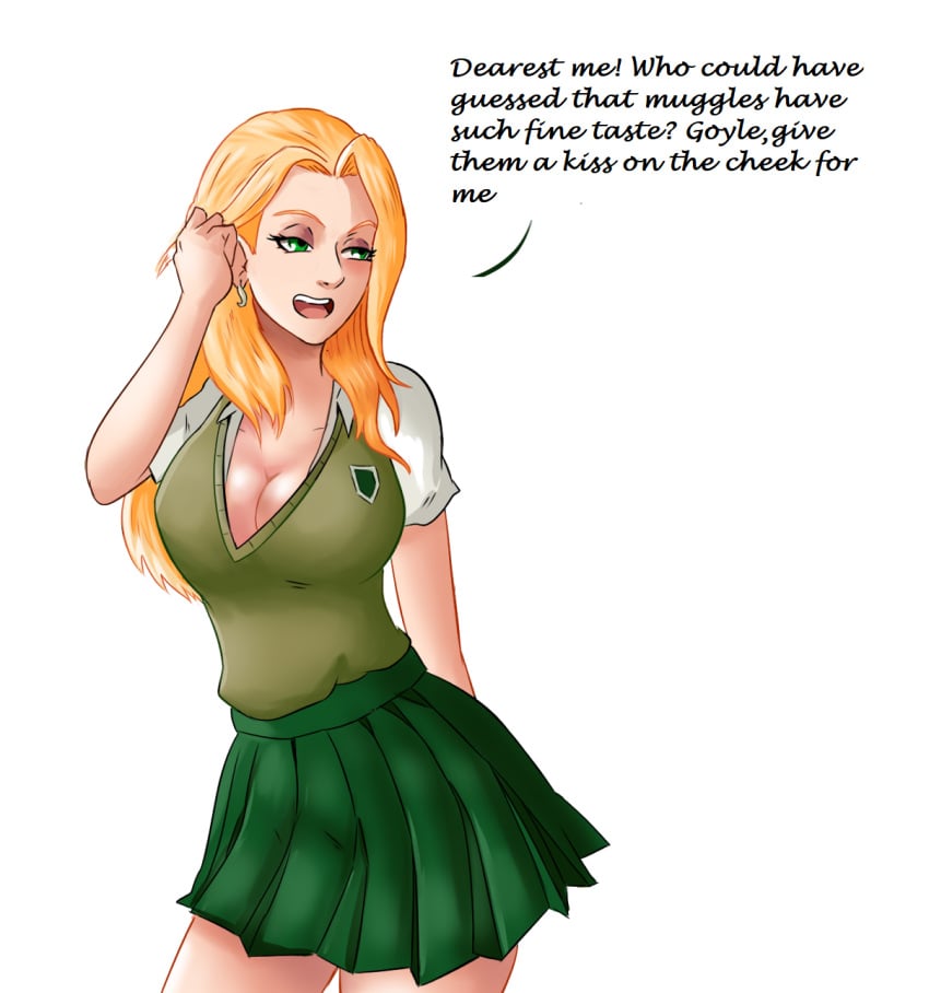 1girls adjusting_hair bangs big_breasts blonde_hair breasts cleavage clothed clothing curvaceous curvy curvy_female curvy_figure dialogue draco_malfoy ear_piercing earrings english_text eyeshadow female genderbent genderswap genderswap_(mtf) green_clothing green_eyes green_skirt half-closed_eyes harry_potter hips hogwarts_school_uniform long_hair miniskirt pleated_skirt rule_63 school_uniform schoolgirl short_sleeves skirt slytherin solo solo_female solo_focus student talking text themightfenek thick_thighs thighs vest voluptuous wide_hips witch