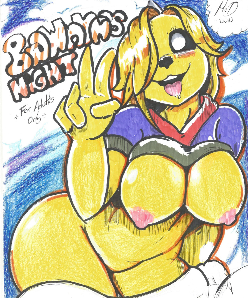 absurd_res adventure_time anthro breasts bronwyn canid canine canis cartoon_network domestic_dog female hi_res horn horned_humanoid humanoid hybrid mammal mcdave19 rainicorn solo text tongue tongue_out traditional_media_(artwork) ursid yellow_body