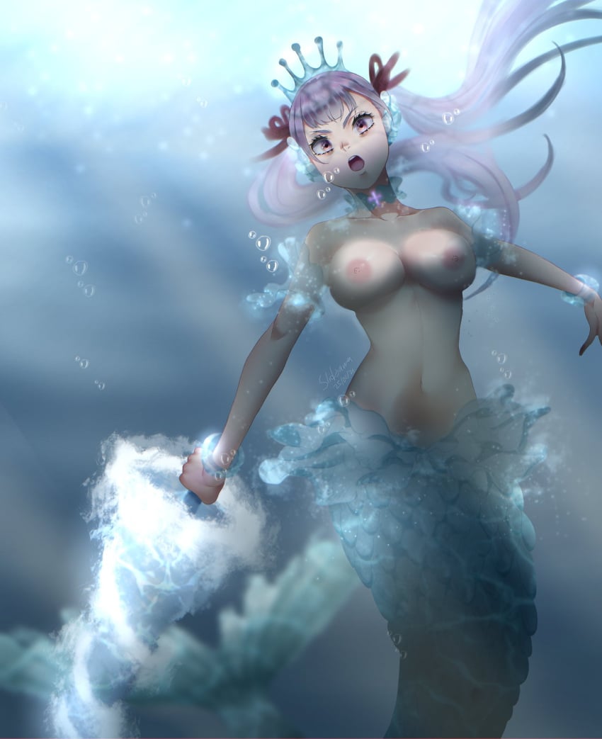 1girls battle_armor black_clover breasts breasts_out exposed_breasts female female_only long_hair medium_breasts mermaid nipples noelle_(mermaid_form) noelle_silva purple_eyes swimming twintails underwater water white_hair