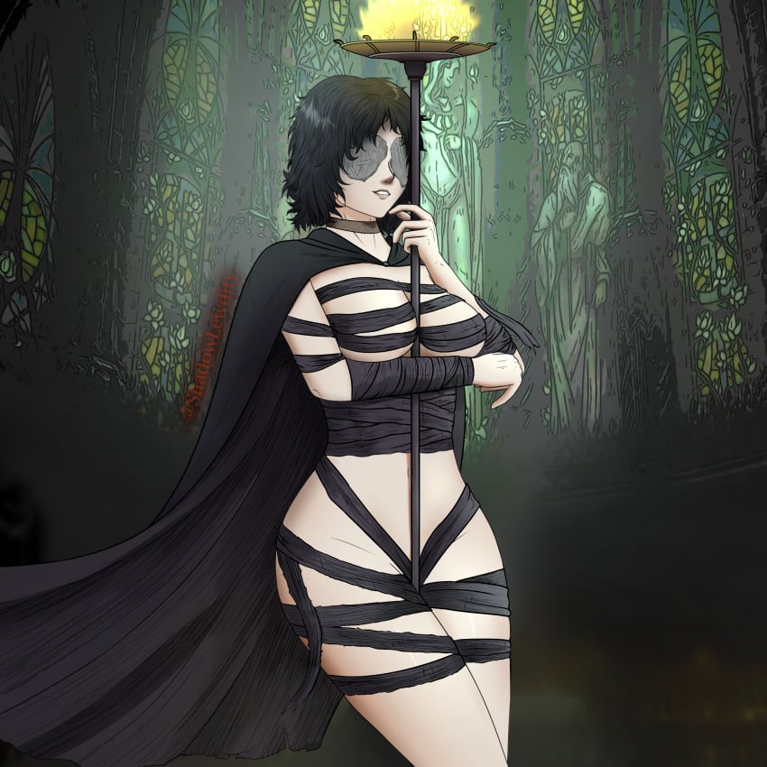 1girls bandages big_thighs black_cape black_hair blindfold breasts cape choker covered_eyes demon demon's_souls demon_girl demons female female_only fromsoftware hips maiden_in_black medium_breasts parted_lips revealing_clothes shadowlewdity solo solo_female thick_thighs thighs wide_hips wraps