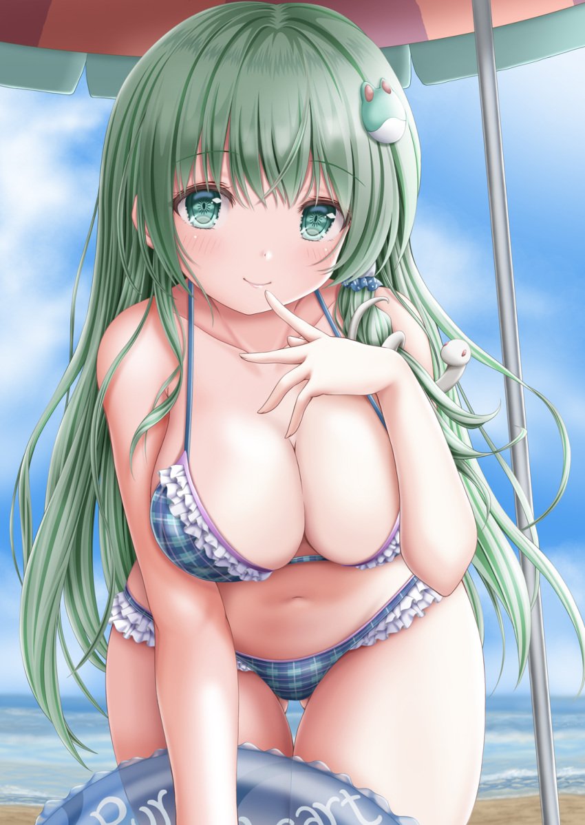 1girls akino_irori alternate_costume arm_under_breasts arm_up ass_visible_through_thighs bangs beach beach_umbrella big_breasts bikini blue_bikini blue_sky breasts cleavage clothed clothed_female cloud collarbone colored cowboy_shot eyebrows_visible_through_hair female female_focus female_only finger_to_mouth frilled_bikini frills frog_hair_ornament fully_clothed green_eyes green_hair hair_ornament holding holding_innertube horizon innertube large_breasts leaning_forward light_blush long_hair looking_at_viewer navel ocean plaid plaid_bikini sanae_kochiya sky smile snake_hair_ornament solo solo_female solo_focus standing swimsuit swimwear thigh_gap touhou umbrella very_long_hair