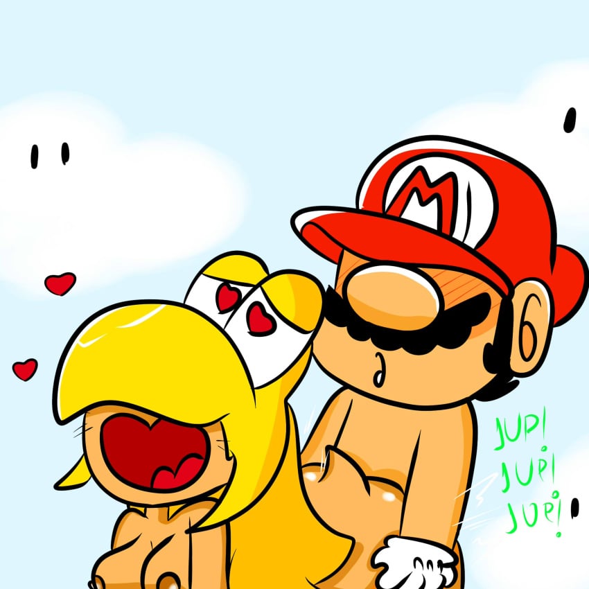 1boy 1girls 1up ambiguous_penetration blonde_hair breasts cloud female heart heart-shaped_pupils koopa koopa_girl long_hair male mario mario_(series) nintendo nipples open_mouth outdoors sex sky smile super_mario_bros.