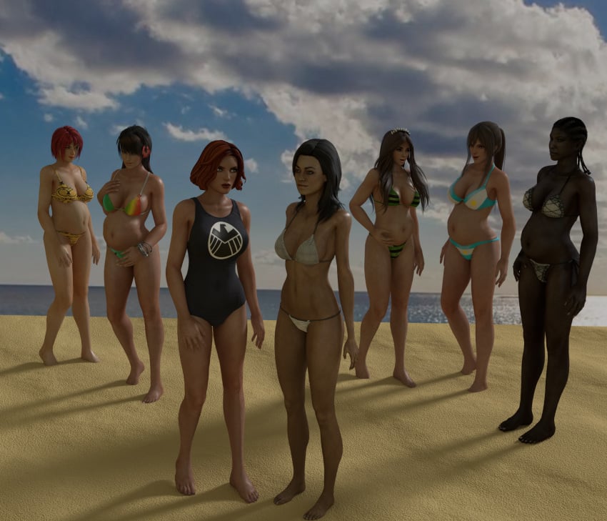 3d 6+girls 7girls beach bikini black_widow_(marvel) character_request crossover dark-skinned_female dark_skin female female_only human human_only jc-starstorm light-skinned_female light_skin marvel mass_effect mass_effect_2 miranda_lawson multiple_girls natasha_romanoff one-piece_swimsuit pregnant pregnant_belly red_hair s.h.i.e.l.d. swimsuit themed_clothes