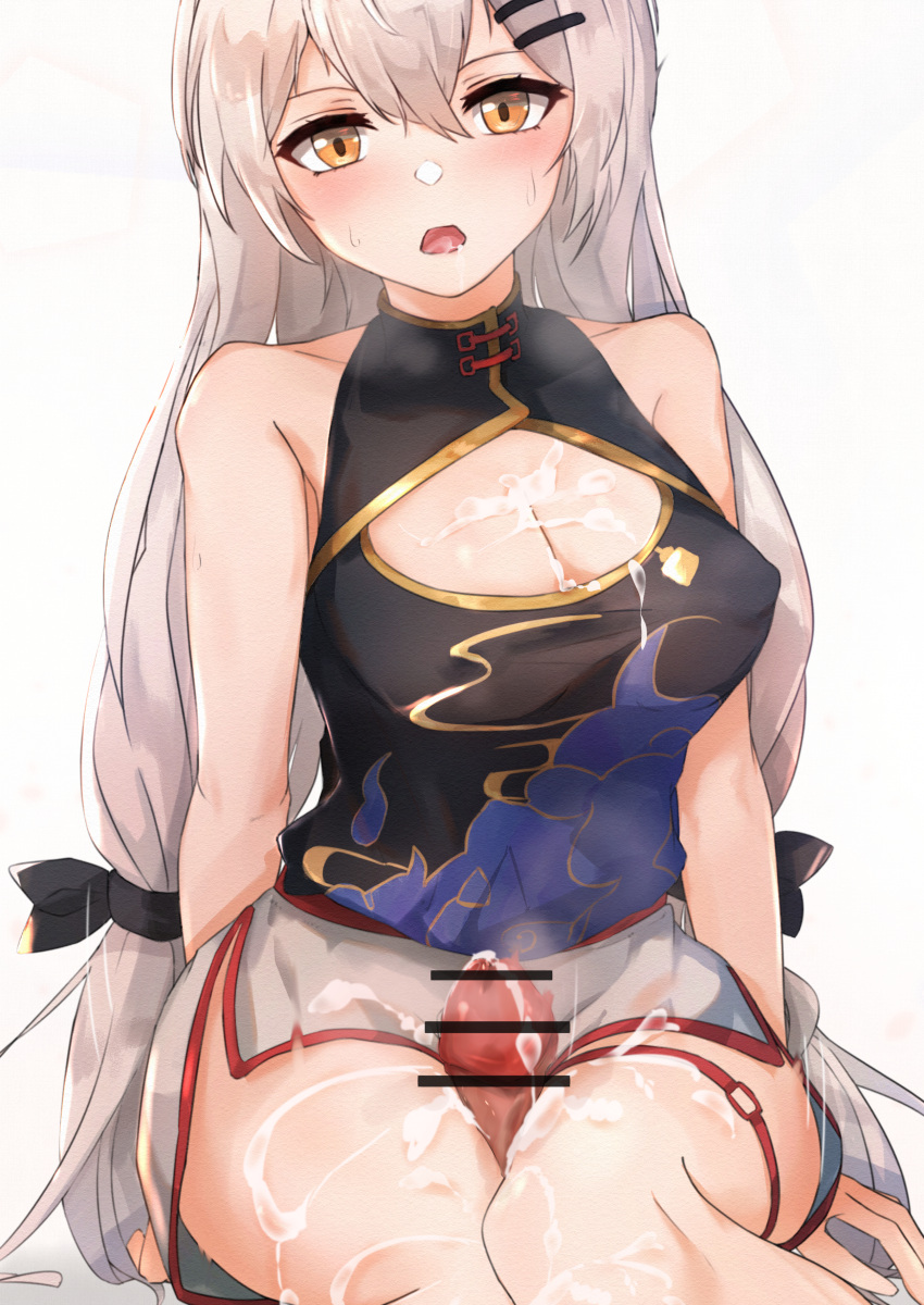 absurdres bangs bare_shoulders black_ribbon blush breasts brown_eyes cheongsam china_dress chinese_clothes cleavage closed_mouth cum cum_on_body cum_on_breasts dress eyebrows_visible_through_hair facial female girls'_frontline grey_hair hair_between_eyes hair_ribbon highres knees_together long_hair looking_at_viewer medium_breasts muteppona_hito penis qipao ribbon shorts sitting sumata svd_(girls_frontline) sweat thigh_sex thighs white_background white_shorts