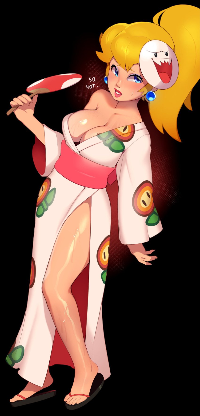 1girls alternate_costume big_breasts blonde blonde_female blonde_hair bowser_logo bowser_tattoo branding_mark breasts cleavage combos-n-doodles earrings enemy_conversion feet female female_only fully_clothed large_breasts mario_(series) nintendo ponytail princess_peach sandals solo super_mario_odyssey sweat tattoo