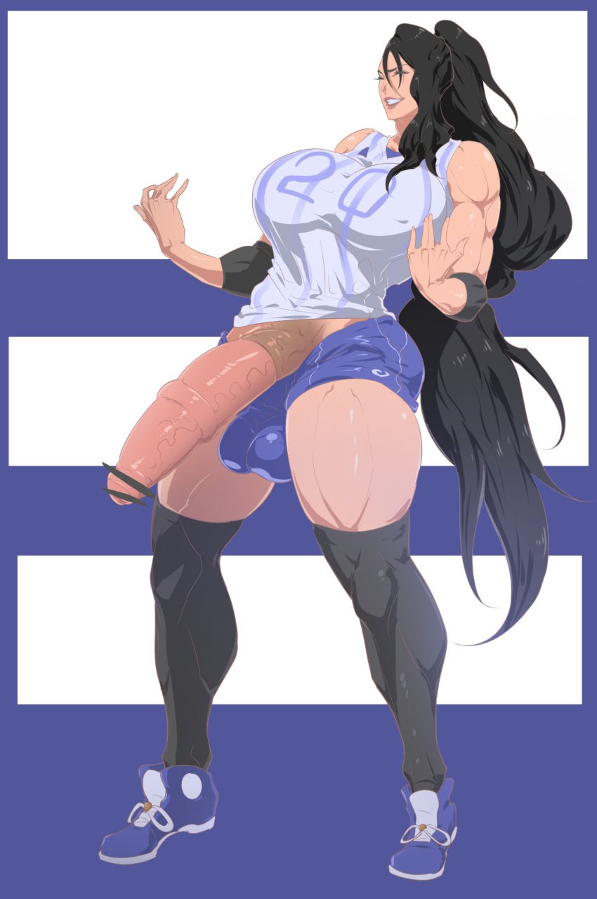 1futa balls big_balls black_hair breasts clothed clothing dio_pose full_body futa_only futanari horsecock horsecock_futanari huge_balls huge_cock human human_with_animal_genitalia jojo_pose jojo_reference large_balls large_breasts long_hair medial_ring meme mostly_clothed muscular muscular_futanari pale_skin penis penis_out sheath shorts solo standing tenchizone timiya_zagar