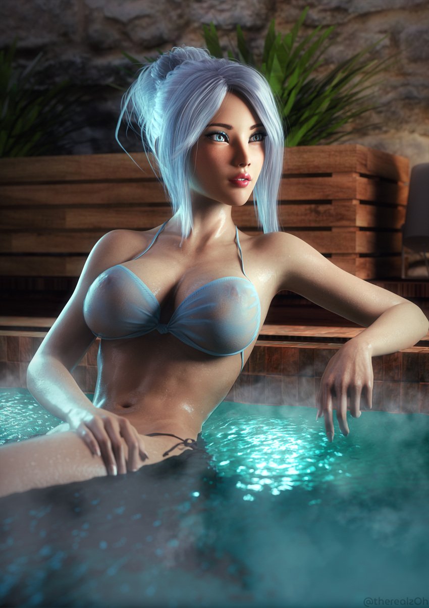 1girls 3d bath bathing big_breasts bikini blue_bikini female female_only french_nails in_water jett_(valorant) nipples_visible_through_clothing pool riot_games see-through see-through_swimsuit solo swimsuit therealzoh valorant water white_hair zoh