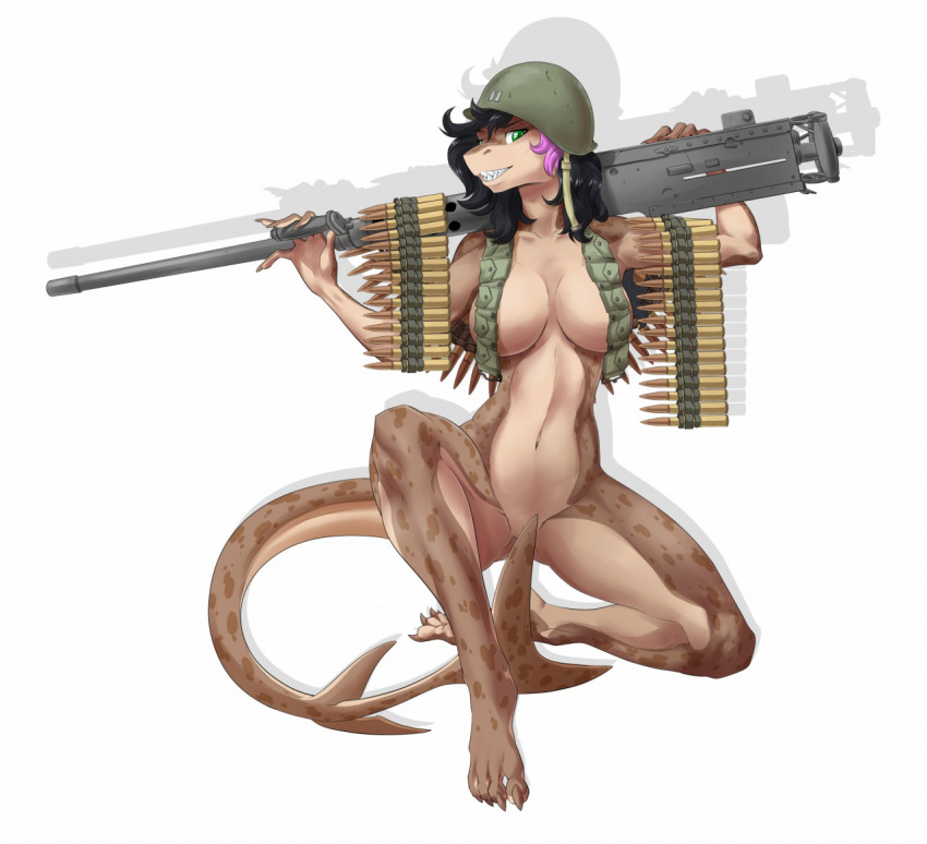 1girls anthro bullets doomghost helmet machine_gun pink_hair shark smile spreading squatting tagme