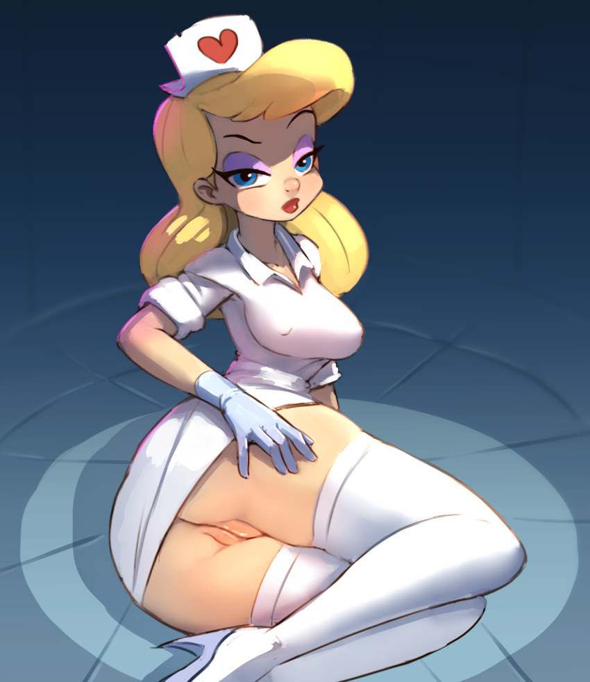 1girls 2020 2020s animaniacs blonde_hair blue_eyes butt dress female gekasso gloves hello_nurse heloise_nerz high_heels human lipstick looking_at_viewer nurse nurse_uniform partially_clothed pencil_dress pussy thighhighs tight_dress updress white_dress white_stockings