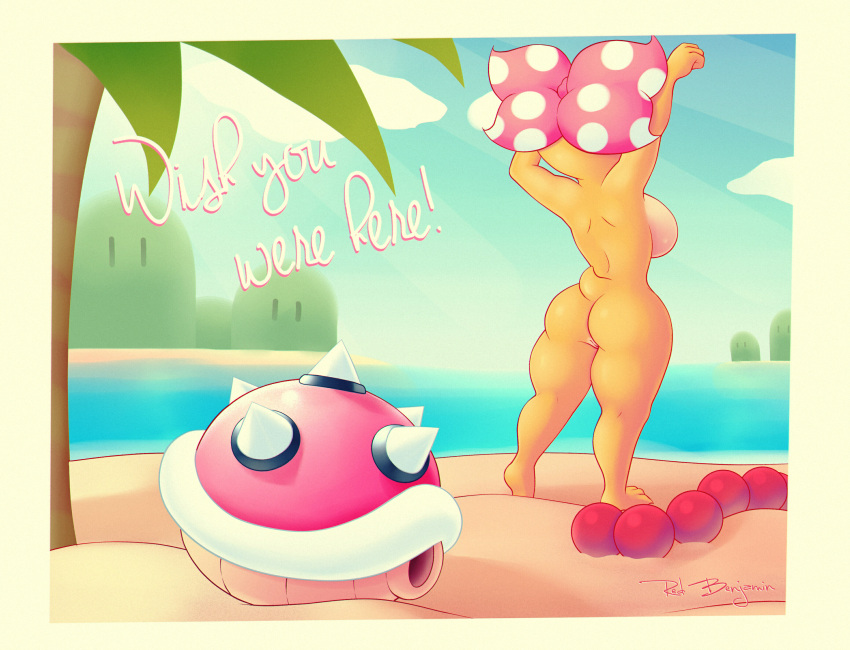 absurdres accessory anthro back_boob beach border breasts english_text female genitals hair_accessory hair_ribbon hairbow highres jewelry koopa koopaling mario_(series) necklace nintendo nude palm_tree plant postcard pussy rear_view redbenjamin ribbons scalie seaside shell-less shortstack solo super_mario_bros. text thick_thighs tree wendy_o._koopa white_border wide_hips