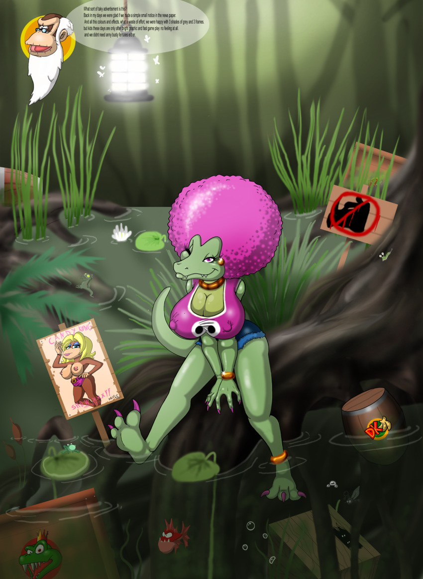 2girls ape blonde_hair candy_kong color cranky_kong donkey_kong_(series) erect_nipples eyelashes eyeshadow female furry hair k_rool kalypso kremling lipstick lordstevie makeup male monkey nintendo pink_lipstick primate scalie sign wink