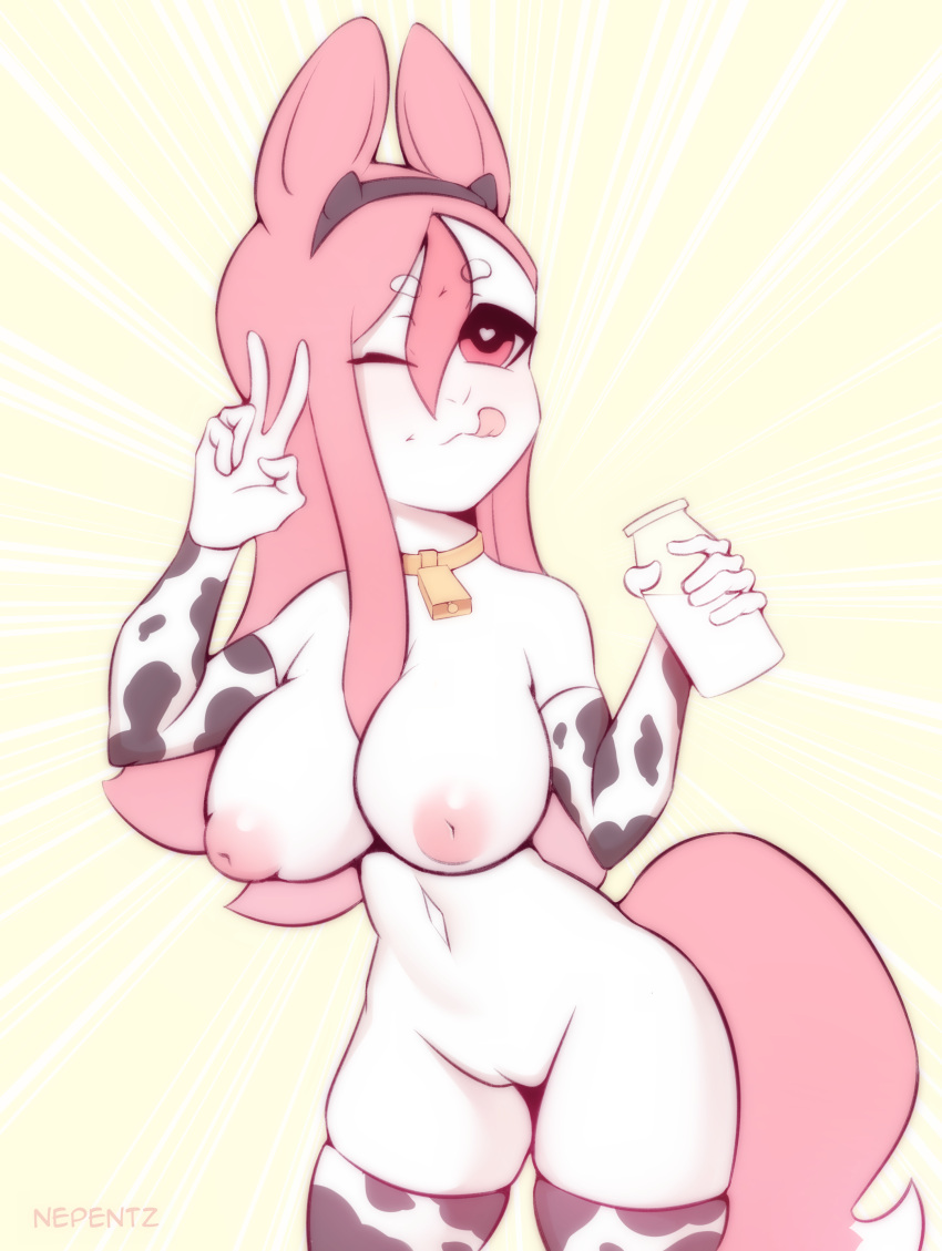 absurd_res accessory animal_print anthro bell big_breasts bottle bottle_of_milk brand_new_animal breasts canid canine clothing collar cow_print female fox gloves handwear headband hi_res legwear mammal nazuna_hiwatashi nepentz one_eye_closed smile solo stockings studio_trigger tongue tongue_out wink