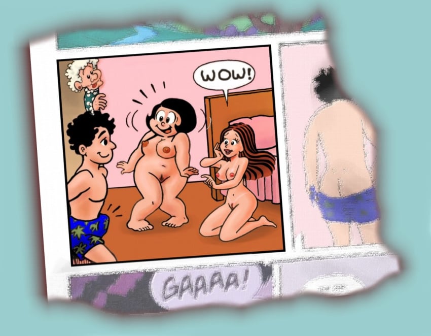 1boy 3girls comic erection female male monica's_gang multiple_girls nude pipa tina_(tdm) topless turma_da_monica