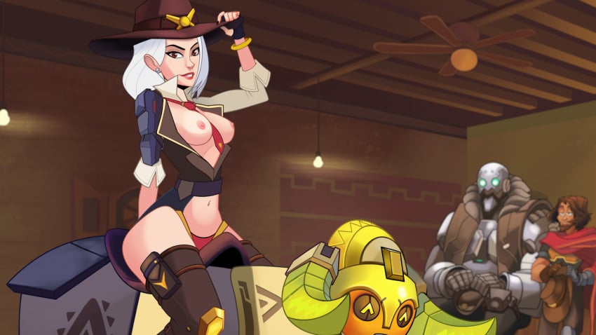 2d ashe_(overwatch) blizzard_entertainment bob_(overwatch) bouncing_breasts bowler_hat breasts cole_cassidy cowboy_hat female hat living_machine male moikaloop nipples omnic orisa overwatch riding robot white_hair