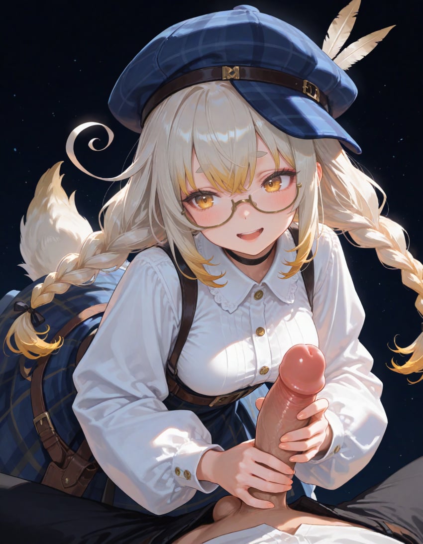 1boy ai_generated balls blonde_hair blue_hat blue_skirt blush female handjob hat indie_virtual_youtuber kanna_yanagi large_breasts large_penis male penis straight tail testicles two-handed_handjob virtual_youtuber white_shirt yellow_eyes