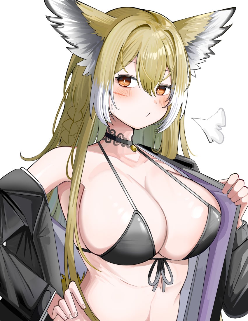 :/ arknights bikini bikini_top choker frown huge_breasts looking_to_the_side milf open_jacket vulpisfoglia_(arknights) waist_up