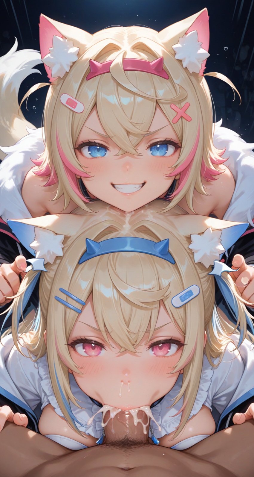 1boy 2girls ai_generated balls blue_eyes blush collar cum cum_in_mouth dog_ears dog_girl dog_tail fellatio female fuwamoco fuwawa_abyssgard hololive hololive_english hololive_english_-advent- large_breasts large_penis male mococo_abyssgard penis pink_eyes saliva smile smug straight testicles twins virtual_youtuber