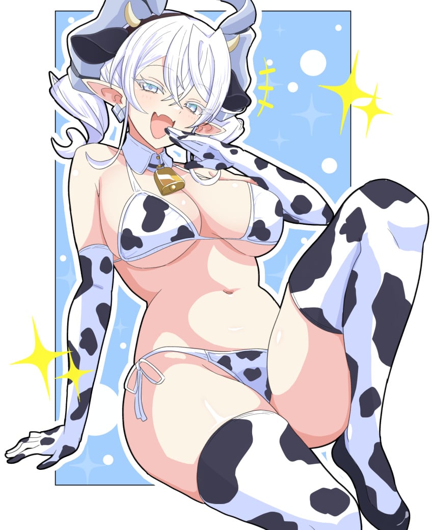 1girls bikini blush breasts cow_print cow_print_bikini demon demon_girl demon_horns duel_monster earrings fangs female huge_breasts k_daiiti konami labrynth_of_the_silver_castle laugh legs looking_at_viewer lovely_labrynth_of_the_silver_castle open_mouth pigtails pose princes smile solo thighs yu-gi-oh!