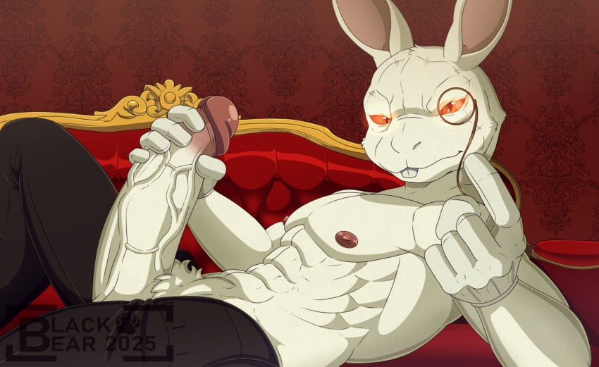 abs anthro beckoning big_penis black_bottomwear black_clothing black_pants blackbear bottomwear buckteeth capcom clothing demon demon_rabbit devil_may_cry eyewear facial_scar fur furniture genitals gesture glans gloves handwear holding_penis lagomorph leporid male mammal monocle muscular muscular_anthro muscular_male nipples on_sofa orange_eyes pants penis rabbit red_glans red_nipples scar sofa solo teeth vein veiny_penis white_body white_fur white_rabbit_(dmc)