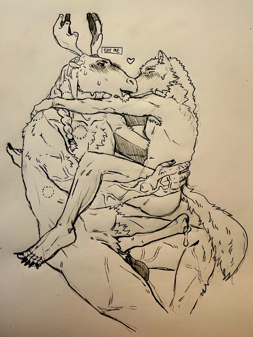 absurd_res ambiguous_gender animal_genitalia animal_penis anthro antlers balls bison bite_mark bovid bovine breasts bruised canid canine canis cervine_genitalia cervine_penis chest_tuft deer duo feet futa/male futanari genitals hi_res hickey horn humanoid_feet hybrid imminent_sex intersex intersex/male jane_(makoyino) kiss_on_lips kissing making_out makoyino male male/ambiguous mammal moose new_world_deer penis plantigrade saggy_balls sex small_breasts tail tuft vein veiny_arms veiny_muscles wolf