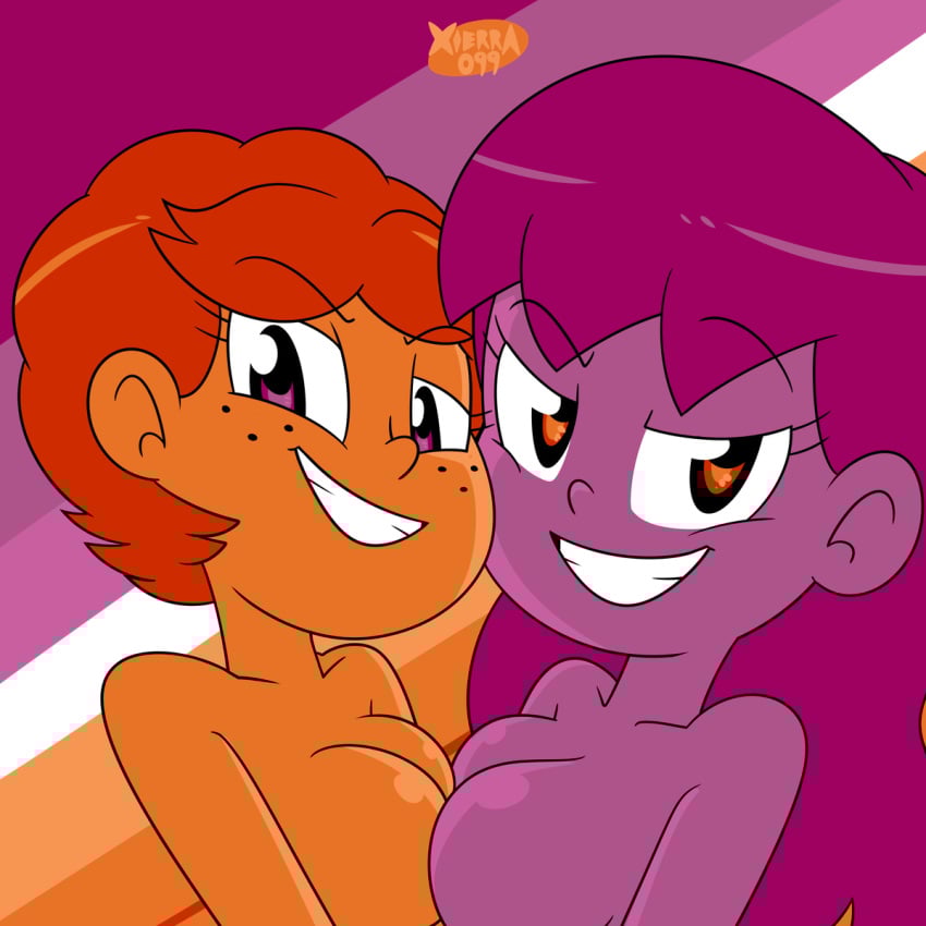 breasts_pressed_together chloe_(xierra099) grin grinning grinning_at_viewer lesbian_pride_colors long_hair looking_at_viewer lovin&rsquo;sis naked naked_female nichole_(xierra099) nude nude_female orange_body orange_eyes orange_hair orange_skin pride_colors pride_month purple_body purple_eyes purple_hair purple_skin short_hair smile smiling smiling_at_viewer xierra099 yuri