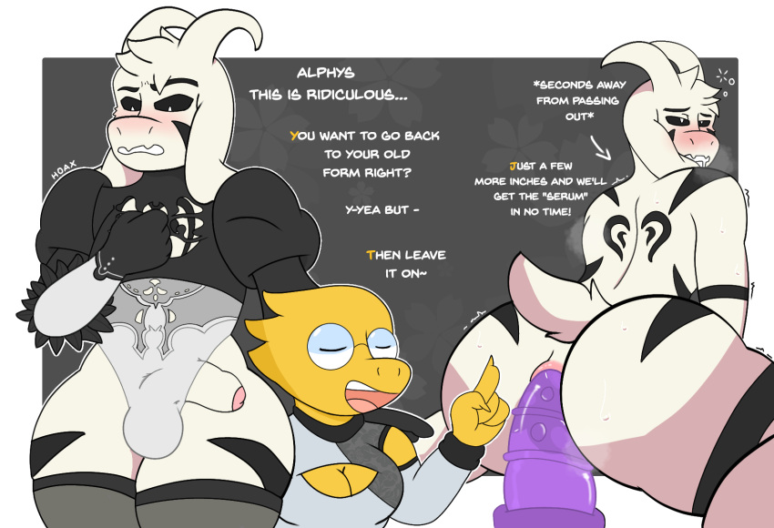 alphys anal anal_sex anthro asriel_dreemurr asriel_dreemurr_(god_form) ass balls blush bovid breasts caprine clothed clothing crossdressing dialogue dildo dildo_sitting duo embarrassed english_text eyewear female foreskin genitals glasses goat hi_res hoaxy lingerie male male/female mammal markings masturbation nier:_automata penetration penis poking_out scalie sex_toy struggling text uncut undertale video_games yorha_2b_(cosplay)